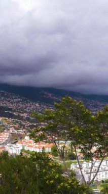 Bulutlu bir günde Funchal Şehir Dağları ve Fırtınalı Gökyüzü. Pico dos Barcelos Bakış Açısı. Madeira, Portekiz. Hava Aracı Atışı. Ağaçların üzerinden ilerliyoruz. Şutu göster. Dikey Video