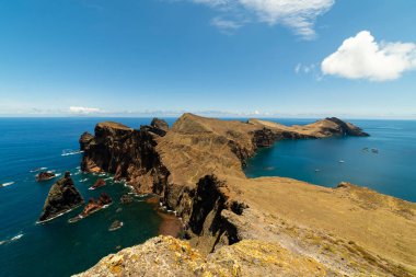 Sao Lourence Eastern Part of Madeira Island on Sunny Day. Abismo Viewpoint. Cliffs, Mountains and Ocean. Portugal. Ultra Wide Angle Shot. clipart