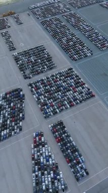 Port 'taki Büyük Boş Otoparktaki Yeni Arabalar Dağıtıma Hazır. İhracat ve İthalat için Liman Araç Deposu. Otomotiv endüstrisi. Hava Yüksek Açı Drone Atışı. Yörüngede. Dikey Video