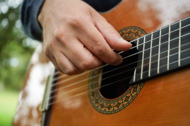 Man Hand Green Park 'ta gitar çalıyor. Yakın çekim çekim.