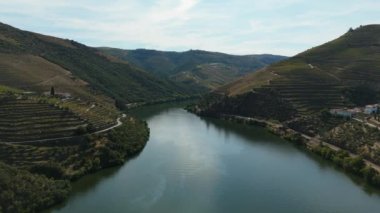 Güneşli günde Douro Vadisi ve Douro Nehri. Green Hills, üzüm bağları ve teraslar. Portekiz. Hava Aracı Atışı. İleri ve Yukarı Gidiyor