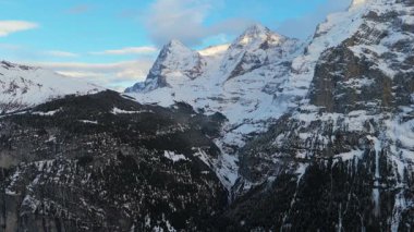 Kışın Eiger, Monch ve Silberhorn Dağları. İsviçre Alpleri. İsviçre. Hava görüntüsü. Kozalaklı ağaçlar arasında Yavaşça Geriye Git