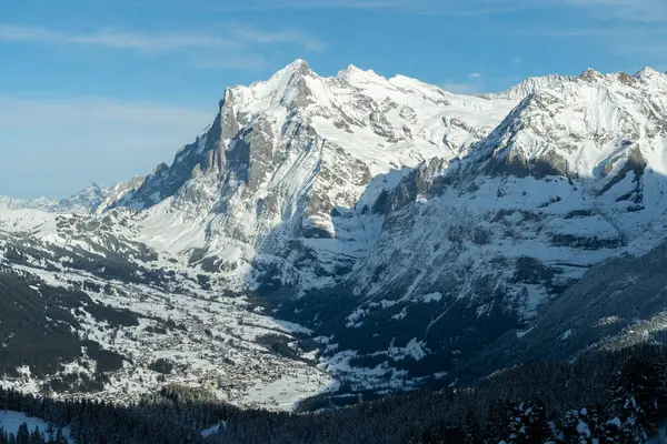 Wetterhorn Dağı ve kışın Grindelwald Köyü. İsviçre Alpleri. İsviçre