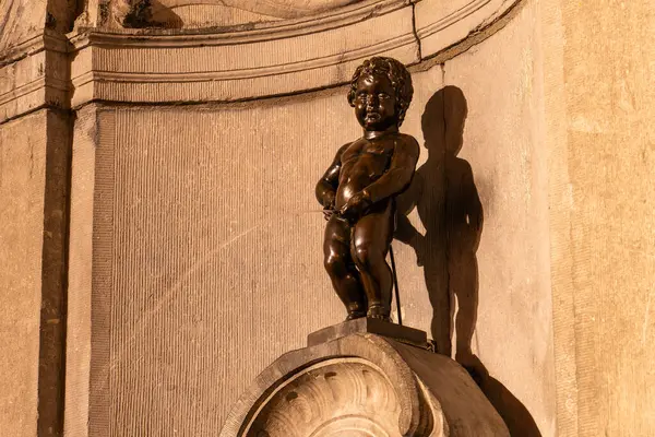 BRÜKSEL, BELGIUM - 14 HAZİRAN 2025: Manneken Pis Çiş yapan Çocuk Gece Heykeli. Brüksel, Belçika