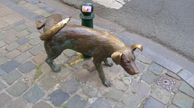 BRÜKSEL, BELGIUM - 14 Haziran 2025: Het Zinneke Bronz Köpek Çişi Heykeli. Brüksel Şehri, Belçika