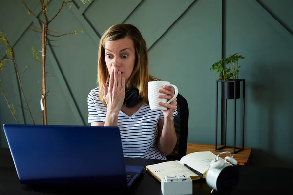Shocked woman looking at laptop screen with rounding eyes. Excited emotional reaction at online news