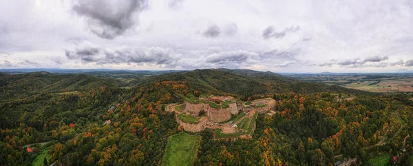 stock image Srebrna Gora fortress and Sudety mountains at autumn season, aerial drone view. Military fort landmark for tourists in Lower Silesia, Poland