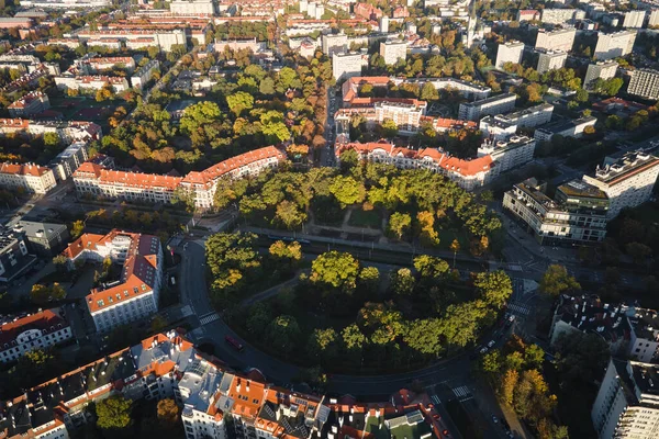 Bird eye view of residential buildings in city. Aerial view of Wroclaw cityscape in Poland. Architecture in modern Europe city