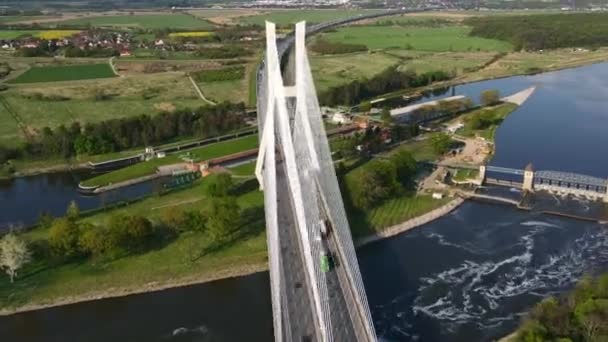 Légi Drón Kilátás Redzinski Híd Felett Odra Folyó Wroclaw Város — Stock videók