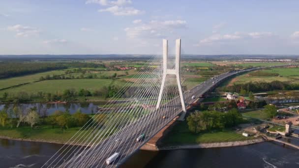 Vista Aérea Drone Ponte Redzinski Sobre Rio Odra Cidade Wroclaw — Vídeo de Stock