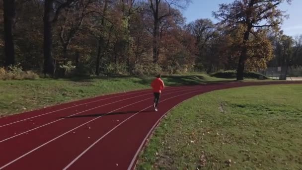 Człowiek Pomarańczowym Stroju Sportowym Biegający Torze Wyścigowym Widok Lotu Drona — Wideo stockowe