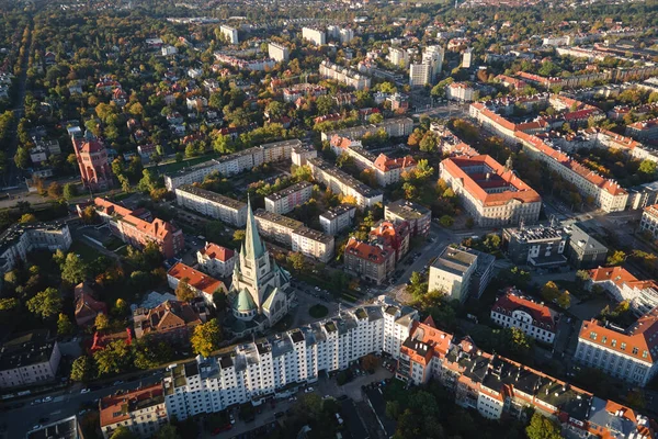 Bird eye view of residential buildings in city. Aerial view of Wroclaw cityscape in Poland. Architecture in modern Europe city
