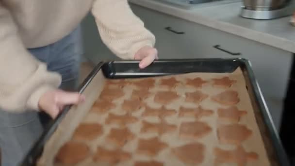 Kobieta Umieszcza Tacę Pieczenia Piernika Ciasto Przygotowania Świąteczne Ciasteczka Ferie — Wideo stockowe