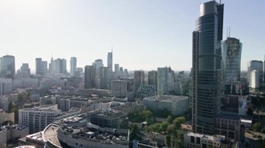 Warsaw city panorama, Aerial view of cityscape with modern skyscrapers. Warsaw, Poland - September 3, 2022