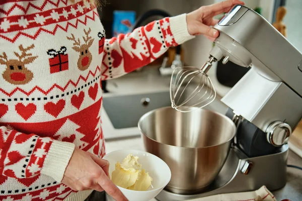 Woman Festive Christmas Sweater Preparing Dough Cookies Home Kitchen Female — Stock Photo, Image