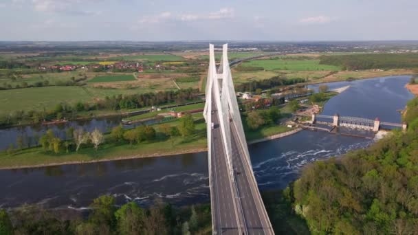 Vista Aérea Del Puente Redzinski Sobre Río Odra Ciudad Wroclaw — Vídeos de Stock