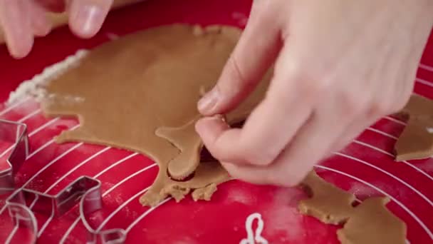 Mulher Preparando Biscoitos Gengibre Cozinha Mãos Femininas Cortando Massa Gengibre — Vídeo de Stock