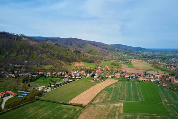 Drone Flight Mountain Village Green Agricultural Fields Countryside View Nature — Stock fotografie