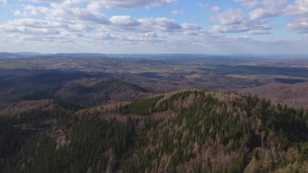 Aves Aéreas Vista Para Olhos Belas Montanhas Cobertas Com Floresta — Vídeo de Stock