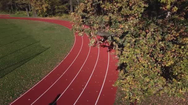 Homem Fato Desporto Laranja Correr Pista Corridas Visão Aérea Drones — Vídeo de Stock