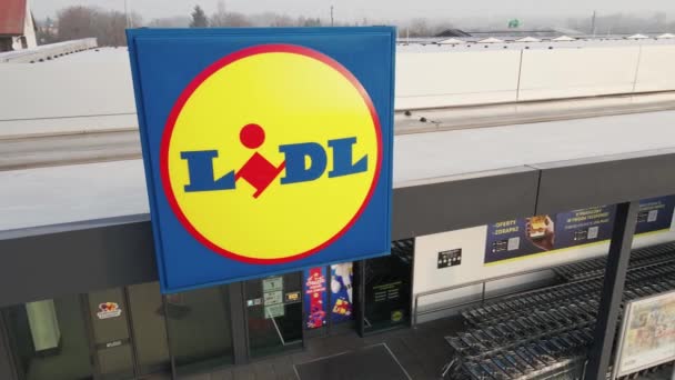 Fassade Des Lidl Supermarktes Luftaufnahme Deutsche Discount Supermarktkette Geschlossene Lidl — Stockvideo
