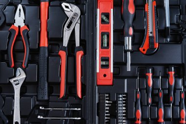 Toolbox with hand tools for repair, close up. Set of instruments for maintenance