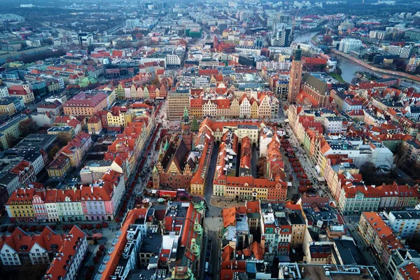 Wroclaw Rynek Square, aerial view. View from above on main market square in Wroclaw with walking tourists during Christmas holidays.