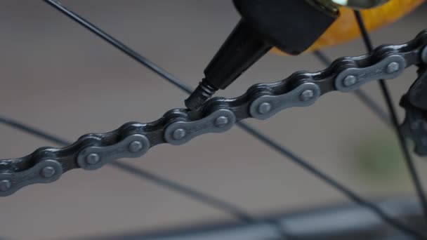 Bike Chain Lubricated Oil Close Bicycle Transmission Maintenance — Vídeo de Stock