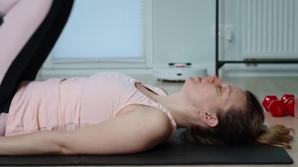 Woman Doing Sports Exercises Living Room Sport Training Fitness Concept — Stockvideo