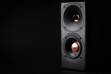 Sound speaker on dark background with copy space. Set for listening music. Audio equipment