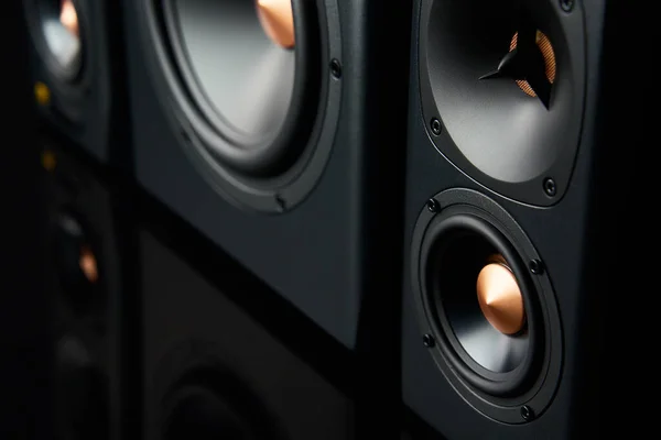 Two Sound Speakers Subwoofer Dark Background Set Listening Music Audio — 스톡 사진