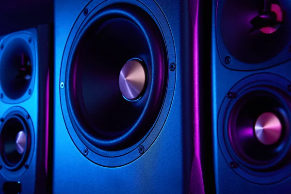 Two Sound Speakers Subwoofer Dark Background Neon Lights Set Listening — Stok fotoğraf