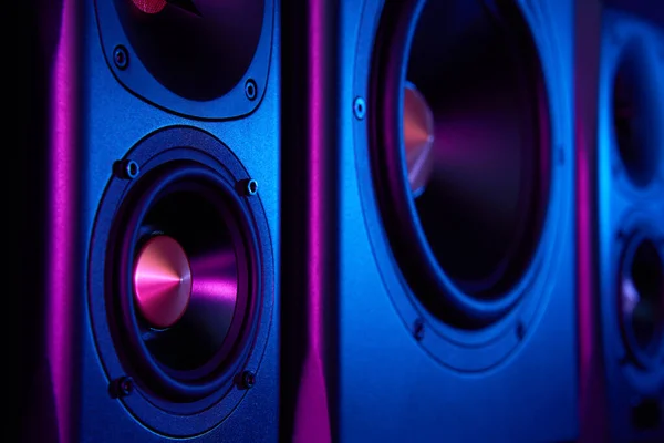 Two Sound Speakers Subwoofer Dark Background Neon Lights Set Listening — Stockfoto