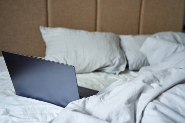 Sabahları yastıklı ve buruşuk çarşaflı yatağında dizüstü bilgisayar açardı. Serbest çalışan için rahat bir iş yeri, evden çalışmak.