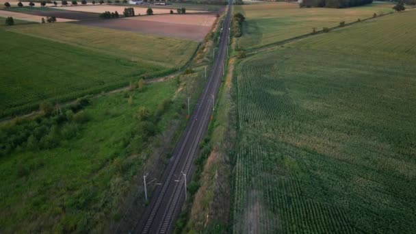Flygfoto Över Järnvägen Landsbygden Vid Solnedgången Järnväg Nära Jordbruksmark — Stockvideo