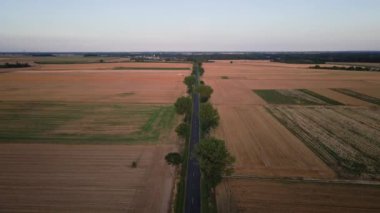 Gün batımında boş asfalt köy yolu. Tarımsal alanlar arasındaki yol manzarası. Doğa manzarası