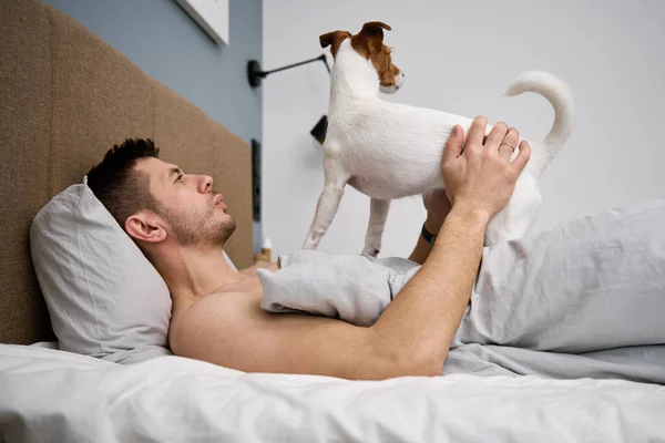 Man with dog sleeping on bed. Pet affection. Lazy morning with pet