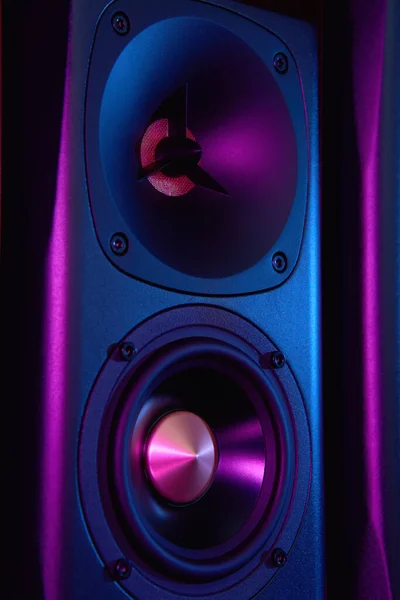 Multimedial Akustisk Högtalare Med Neonbelysning Ljud Ljudsystem Mörk Bakgrund — Stockfoto