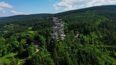 Polonya, Sweradow Zdroj 'daki Sky Walk gözlem kulesi. Anıtların turistik ilgi odağı, hava manzarası. Yeşil ormanlı panoramik doğa manzarası