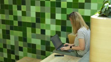 Yeşil bitkilerle birlikte çalışan bir kadın. Laptop klavyesinde yazan serbest çalışan bir kadın. Kafede online çalışma