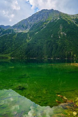 Yaz günü güzel göl kenarındaki dağların muhteşem manzarası. Polonya 'daki Tatra Ulusal Parkı. Beş Göl Vadisi 'ndeki Morskie Oko ya da Sea Eye Gölü' nün panoramik manzarası