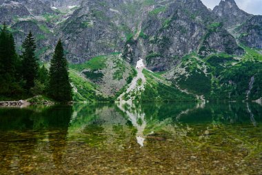 Yaz günü güzel göl kenarındaki dağların muhteşem manzarası. Polonya 'daki Tatra Ulusal Parkı. Beş Göl Vadisi 'ndeki Morskie Oko ya da Sea Eye Gölü' nün panoramik manzarası