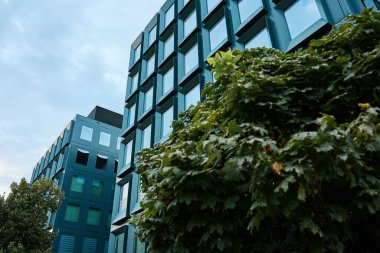 Ofis binası Şehrin ön cephesinde. İş merkezi dış görünüşü. Modern şehir mimarisi