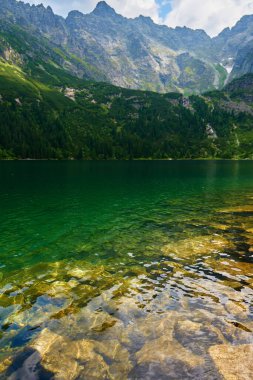 Yaz günü güzel göl kenarındaki dağların muhteşem manzarası. Polonya 'daki Tatra Ulusal Parkı. Beş Göl Vadisi 'ndeki Morskie Oko ya da Sea Eye Gölü' nün panoramik manzarası