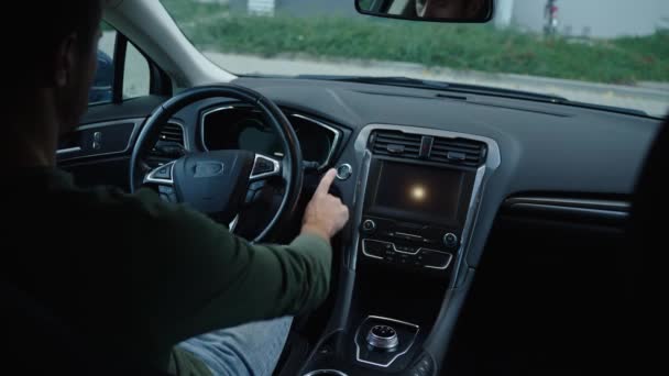 Male Driver Driving Car View Man Presses Button Start Car — Stock Video
