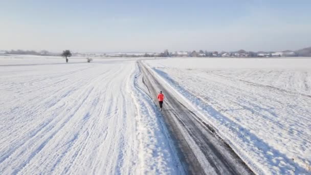 Běžci Běhají Zimní Zasněžené Silnici Připravují Soutěž Zimní Cvičení Sportovní — Stock video