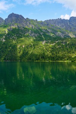 Yaz günü güzel göl kenarındaki dağların muhteşem manzarası. Polonya 'daki Tatra Ulusal Parkı. Beş Göl Vadisi 'ndeki Morskie Oko ya da Sea Eye Gölü' nün panoramik manzarası