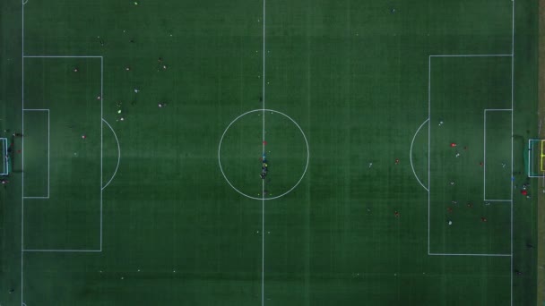 グリーンフィールドでサッカーをする子供たちの空中ビュー 小さなスタジアムのサッカー選手のトップビュー 子供たちはサッカーをしている — ストック動画