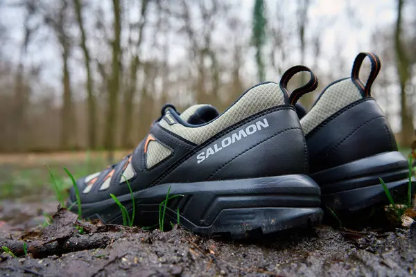 stock image Salomon X Braze GTX hiking boots with Gore-Tex membrane in water puddle, surrounded by fallen leaves. Sturdy trekking shoes against backdrop of forest terrain. Wroclaw, Poland - March 2, 2024
