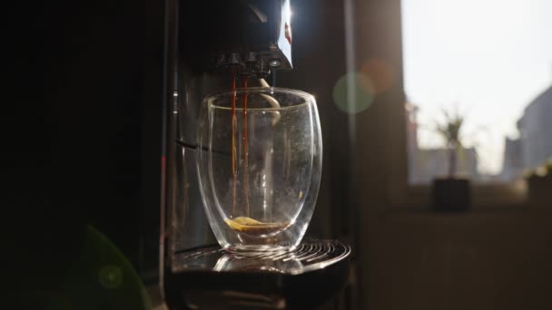 Автоматическая Кофеварка Приготовления Кофе Прозрачном Стекле Утренним Солнечным Светом Свежий — стоковое видео
